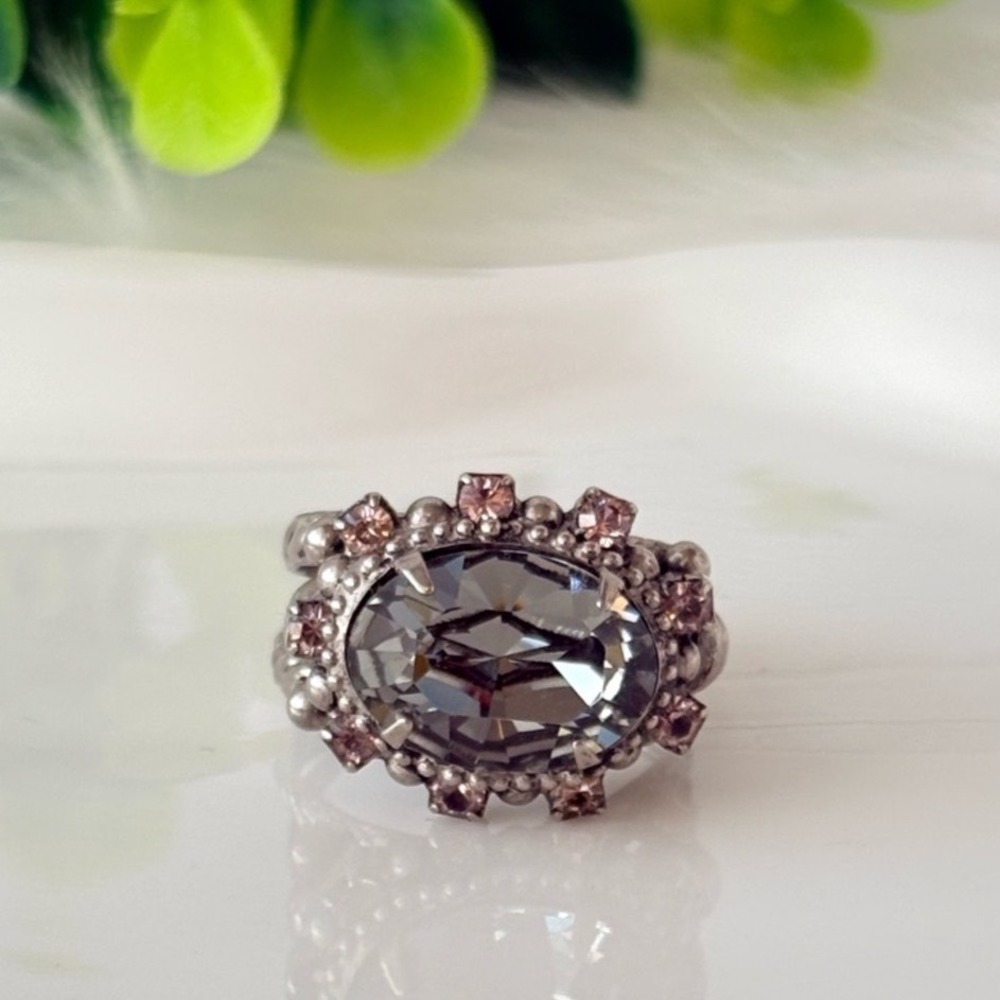 Sorrelli Cocktail Ring Gray Crystal Oval Halo with Pink Accent Crystals